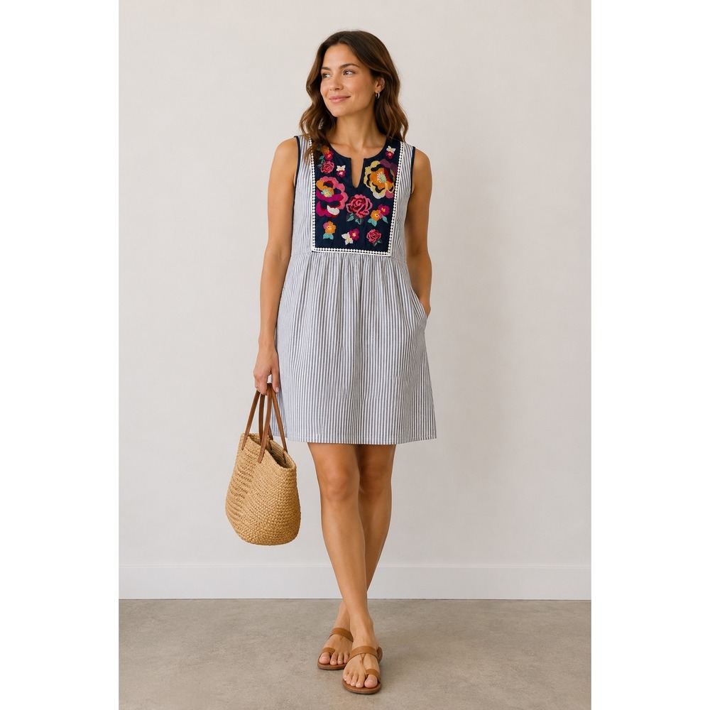 Andree by Unit Floral Embroidered Striped Shift Dress Blue White Boho Pockets M